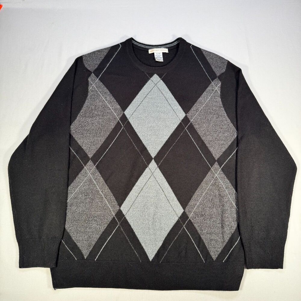 Geoffrey Beene Men’s XL Argyle Sweater Black Gray Crewneck Acrylic Knit Preppy